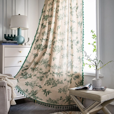 Rideaux En Polycoton Style Américain Imprimé Pomme De Pin Verte Avec Bordure À Glands Pour Cuisine Salon Décoration