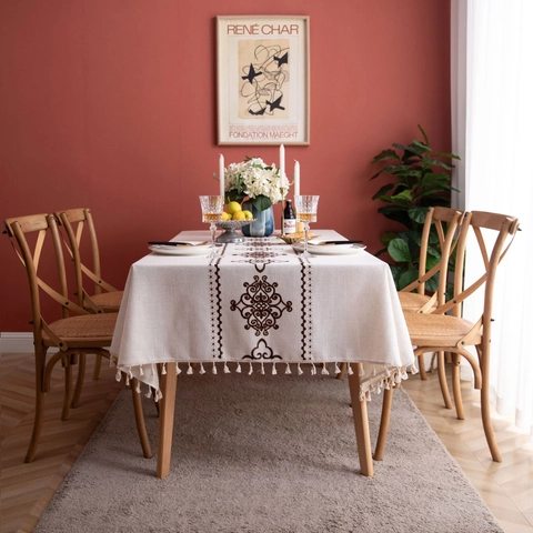 Vintage Böhmisch Rechteckig Polyester Tischdecke Gestickt Chinesische Knot Blumen Muster Tisch Tuch Mit Quasten Für Küche Esszimmer Heim Dekor