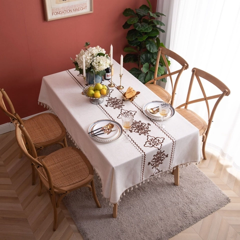 Vintage Böhmisch Rechteckig Polyester Tischdecke Gestickt Chinesische Knot Blumen Muster Tisch Tuch Mit Quasten Für Küche Esszimmer Heim Dekor