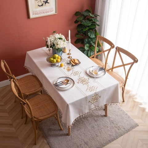 American Style Faux Cotton Linen Embroidered Tablecloth Chinese Knot Pattern Rectangular Table Cover With Tassels For Dining