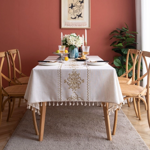 American Style Faux Cotton Linen Embroidered Tablecloth Chinese Knot Pattern Rectangular Table Cover With Tassels For Dining