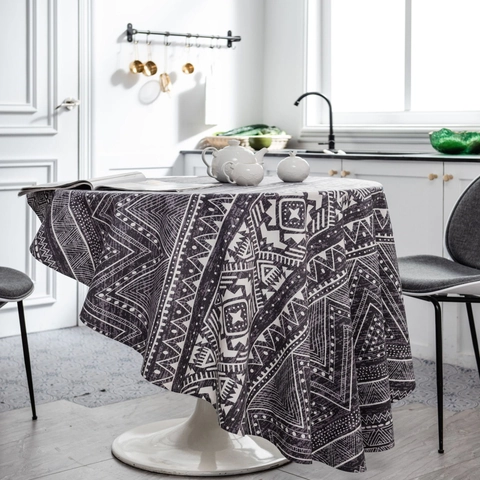 Bohemian Ethnic Geometric Print Round Tablecloth Grey White Cotton Linen Blend Table Cloth For Dining Room Home Decor