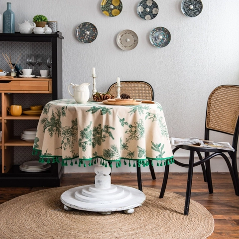 Round Cotton Linen Blend Tablecloth Retro Green Pine Branch Print With Tassels Christmas Gold Stamping Home Table Decor