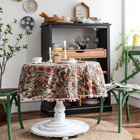 Bohemian Geometric Round Tablecloth With Colorful Pom-poms Heavyweight Cotton Jacquard Decorative Dining Table Cover For Home Decor