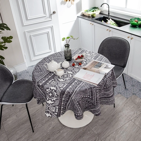 Bohemian Ethnic Geometric Print Round Tablecloth Grey White Cotton Linen Blend Table Cloth For Dining Room Home Decor