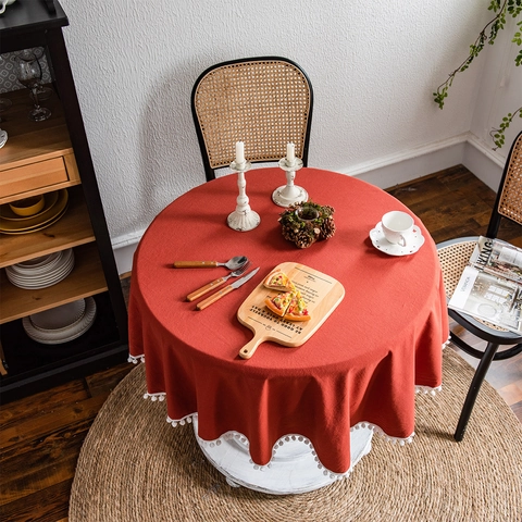 Round Washed Cotton Tablecloth With White Pom-Pom Trim Solid Color Boho Table Cover For Dining Room Home Decoration