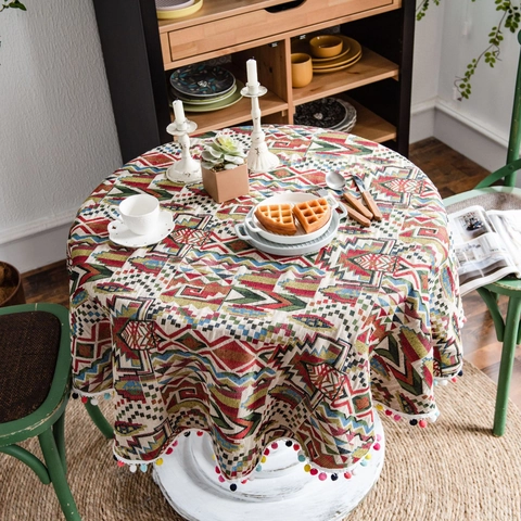 Bohemian Geometric Round Tablecloth With Colorful Pom-poms Heavyweight Cotton Jacquard Decorative Dining Table Cover For Home Decor