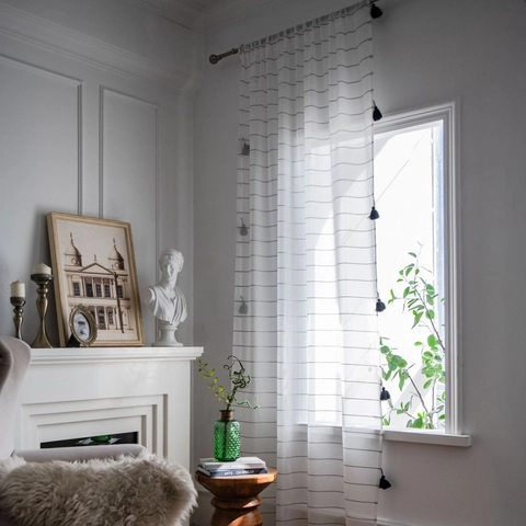 Modern Minimalist White Sheer Curtain Black Striped Tassel Trim Window Treatment Semi Shading Polyester Drapery For Living Room