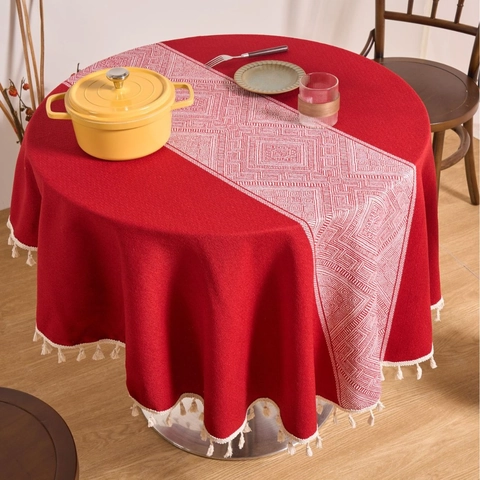 Nappe Ronde en Coton Nordique Avec Glands Imprimé Géométrique Antipoussière Couverture de Table à Manger Décoration de Mariage