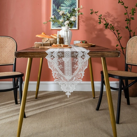 Elegant White Lace Table Runner Vintage Embroidered Hollow Out Floral Table Decoration For Wedding Party Home Decor