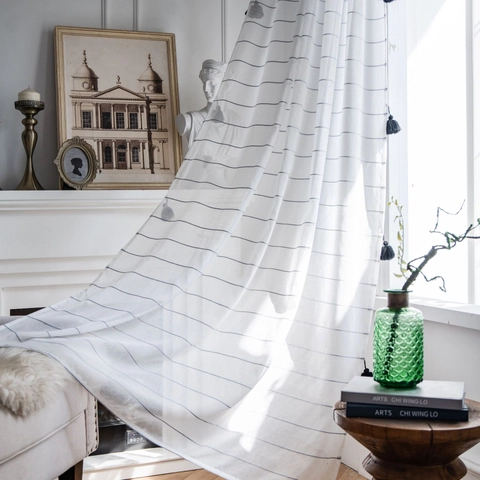 Modern Minimalist White Sheer Curtain Black Striped Tassel Trim Window Treatment Semi Shading Polyester Drapery For Living Room