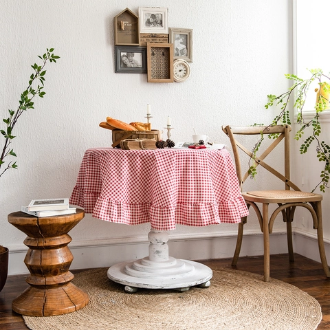 Vintage Gingham Checkered Cotton Linen Tablecloth With Ruffled Edges Round Rectangular Pastoral Style Home Dining Table Cover Decor
