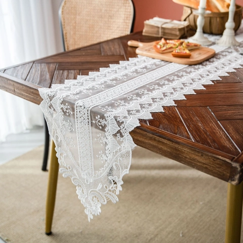 Elegant White Lace Table Runner Vintage Embroidered Hollow Out Floral Table Decoration For Wedding Party Home Decor