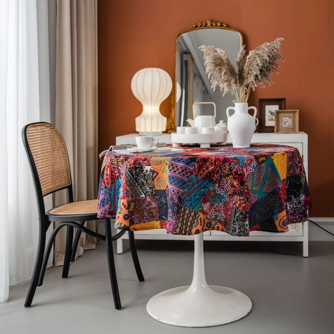 Bohemian Patchwork Print Round Tablecloth Cotton Linen Ethnic Paisley Pattern Dustproof Decorative Table Cover Home Decor
