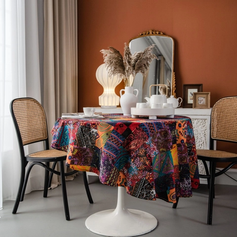 Bohemian Patchwork Print Round Tablecloth Cotton Linen Ethnic Paisley Pattern Dustproof Decorative Table Cover Home Decor