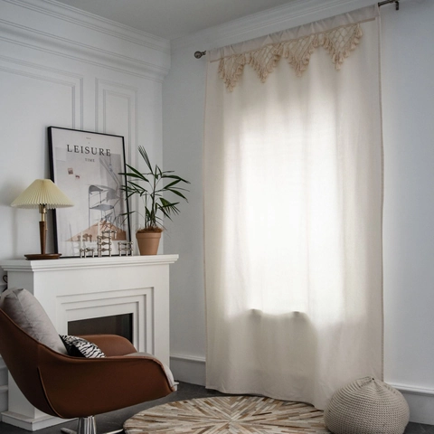 Bohemian Cotton Linen Curtains with Tassel Trim Solid Color Semi-Blackout Window Drapes for Kitchen Living Room Decor