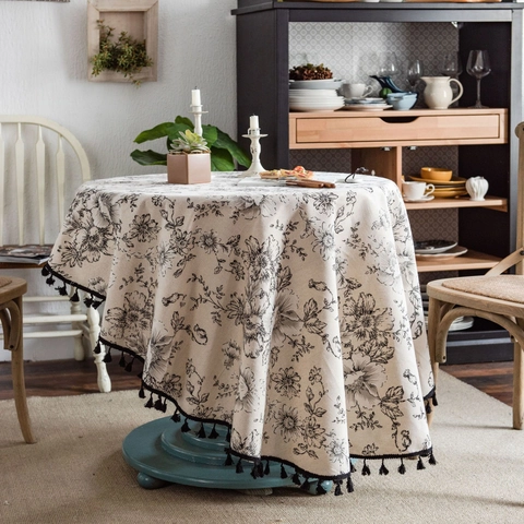 Tovaglia Rotonda con Stampa Floreale di Rose Vintage con Nappe Misto Cotone e Lino Lavabile per Cucina e Tavola da Pranzo Decor
