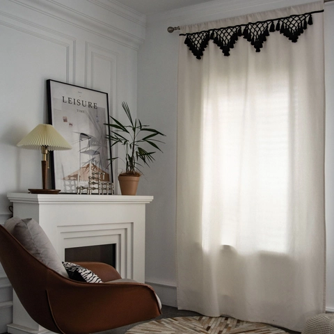 Bohemian Cotton Linen Curtains with Tassel Trim Solid Color Semi-Blackout Window Drapes for Kitchen Living Room Decor
