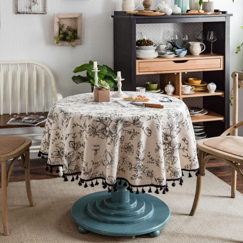 Tovaglia Rotonda con Stampa Floreale di Rose Vintage con Nappe Misto Cotone e Lino Lavabile per Cucina e Tavola da Pranzo Decor
