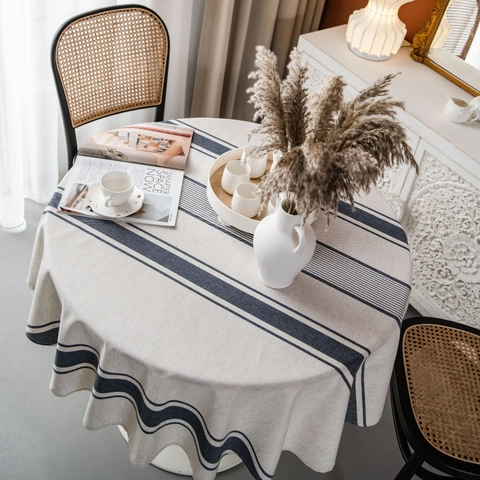 American Style Yarn-dyed Cotton Linen Stripe Round Tablecloth Minimalist Navy Red Decorative Coffee Table Cloth Home Decor