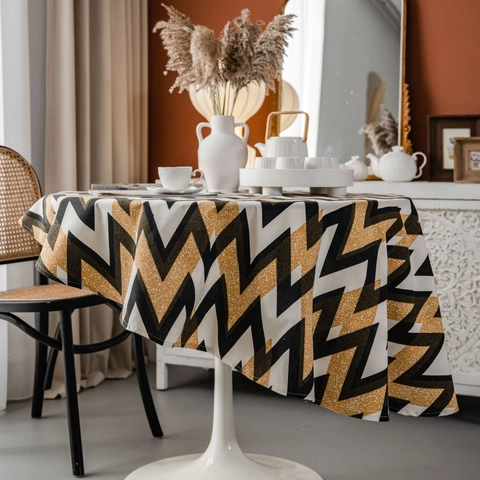 Bohemian Round Tablecloth Cotton Linen Blend Geometric Wave Pattern Dustproof Decorative Dining Room Table Cloth