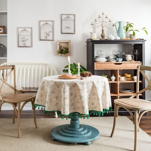 Nappe Ronde Pastorale en Coton Lin Avec Glands Imprimé Floral Anti-poussière Décorative pour Cuisine Salle à Manger