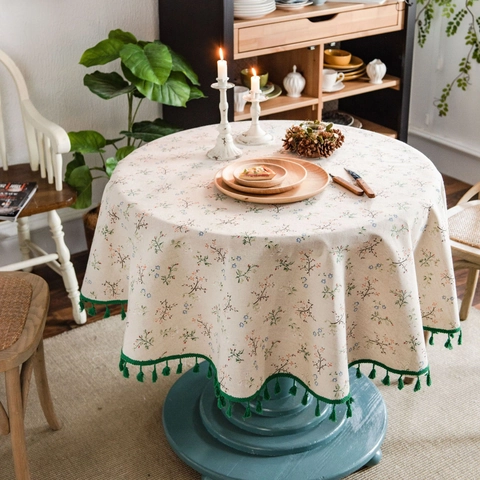 Nappe Ronde Pastorale en Coton Lin Avec Glands Imprimé Floral Anti-poussière Décorative pour Cuisine Salle à Manger