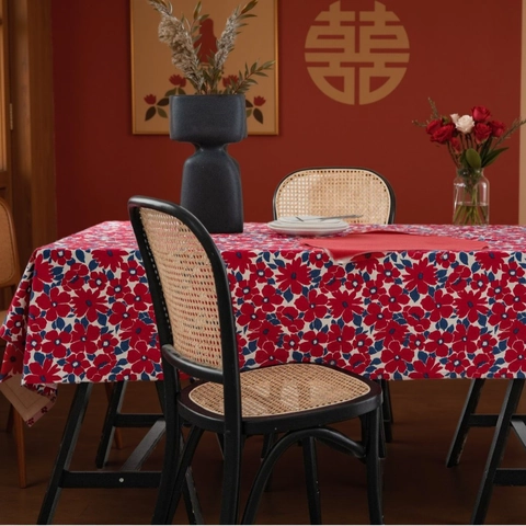 Nappe Rectangulaire Rustique à Fleurs Rouges en Polyester Coton Housse de Table Vintage Imprimée de Fleurs pour Salle à Manger