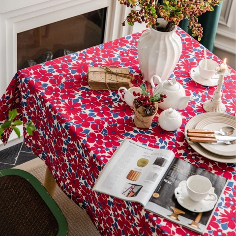 Nappe Rectangulaire Rustique à Fleurs Rouges en Polyester Coton Housse de Table Vintage Imprimée de Fleurs pour Salle à Manger