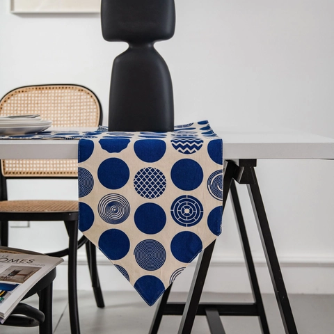 Chemin de Table en Coton Lin Imprimé Cercles Géométriques Nordique Minimaliste Moderne Bleu Blanc Pois Décoration Table