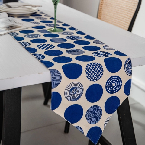 Chemin de Table en Coton Lin Imprimé Cercles Géométriques Nordique Minimaliste Moderne Bleu Blanc Pois Décoration Table