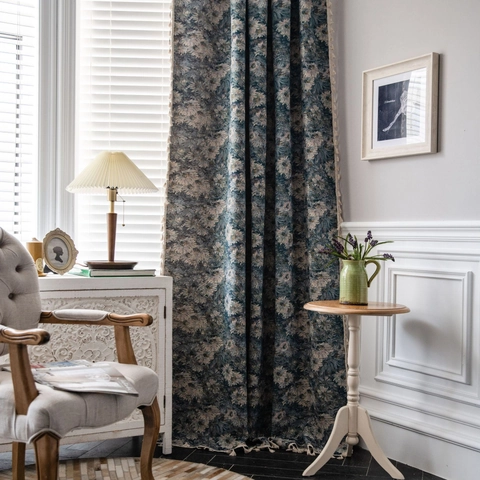 Vintage Amerikanischer Landhausstil Jacquard Vorhänge Mit Quasten Blau Ölgemälde Halbbeschattung Polyester Baumwolle Vorhang