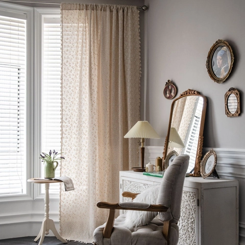 Pastoral Daisy Print Cotton Linen Curtain With Tassel Beige Semi Shading Window Treatment For Kitchen Dining Room