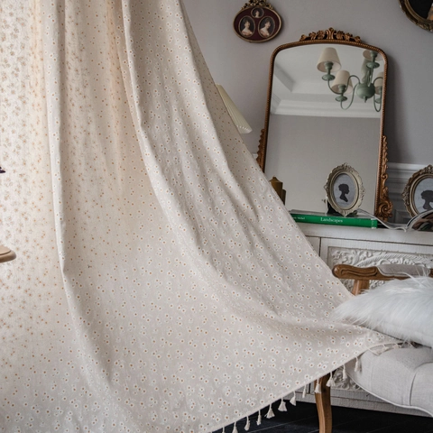 Pastoral Daisy Print Cotton Linen Curtain With Tassel Beige Semi Shading Window Treatment For Kitchen Dining Room