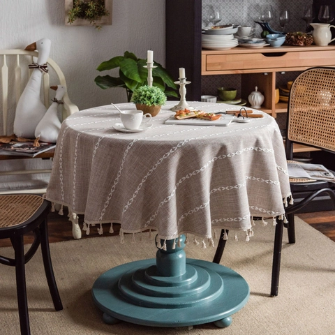 Nappe Ronde en Coton Lin Avec Glands Rayures Brodées Boho Ferme Cuisine Salle à Manger Couvre-Table Décoration Maison