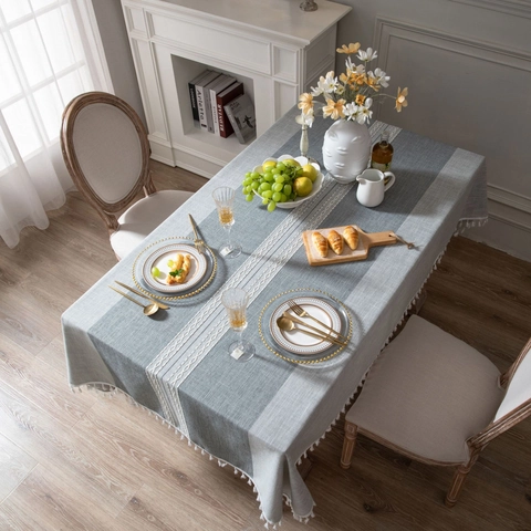 Japanischer Stil Leinenoptik Tischdecke Mit Quasten Nordisch Geometrisch Bestickt Rechteckige Staubdichte Tischabdeckung Küche Dekor