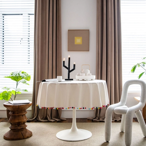 Bohemian Round Cotton Linen Tablecloth With Colorful Pom-pom Trim Beige Solid Table Cover For Dining Room Decoration