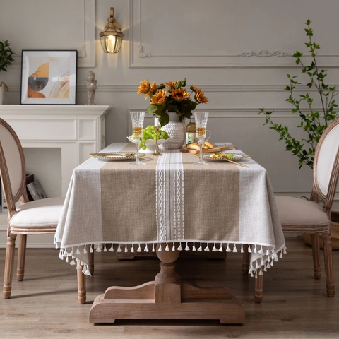 Mantel Rectangular Minimalista Japonés Con Borlas Cubierta de Mesa de Poliéster Efecto Lino Rayado para Cocina Comedor Fiesta