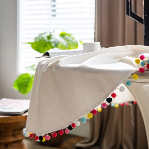 Bohemian Round Cotton Linen Tablecloth With Colorful Pom-pom Trim Beige Solid Table Cover For Dining Room Decoration
