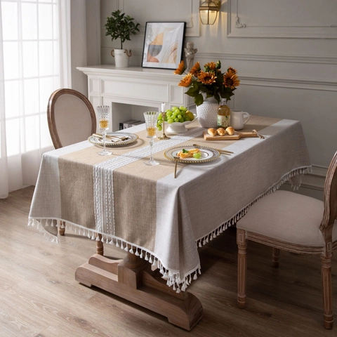 Mantel Rectangular Minimalista Japonés Con Borlas Cubierta de Mesa de Poliéster Efecto Lino Rayado para Cocina Comedor Fiesta