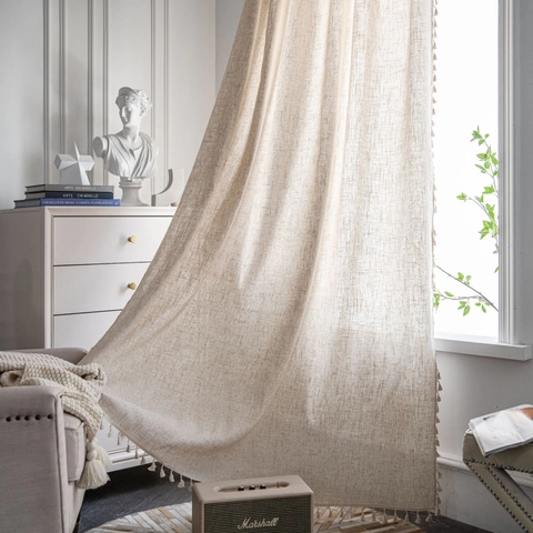 American Style Linen Look Tassel Curtains Beige Semi Blackout Rod Pocket Hook Grommet Window Drapes For Living Room Bedroom