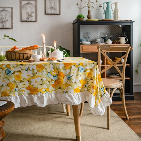 Pastorale Gelbe Blumen Tischdecke Mit Weißen Rüschen Baumwolle Rechteckige Runde Tischabdeckung Für Esszimmer Küche Deko