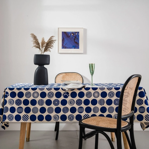 Moderne Rechteckige Tischdecke Geometrische Blaue Punkte Baumwolle Leinen Staubdichter Tischbezug Für Küche Esszimmer Deko