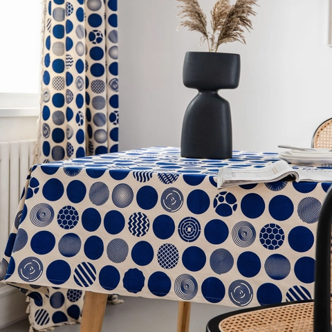 Moderne Rechteckige Tischdecke Geometrische Blaue Punkte Baumwolle Leinen Staubdichter Tischbezug Für Küche Esszimmer Deko
