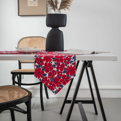 Chemin de Table en Coton et Lin Minimaliste Moderne Imprimé Floral Rouge Bleu Nappe Longue Décorative pour Salle à Manger