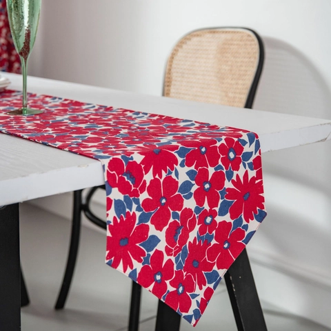 Chemin de Table en Coton et Lin Minimaliste Moderne Imprimé Floral Rouge Bleu Nappe Longue Décorative pour Salle à Manger