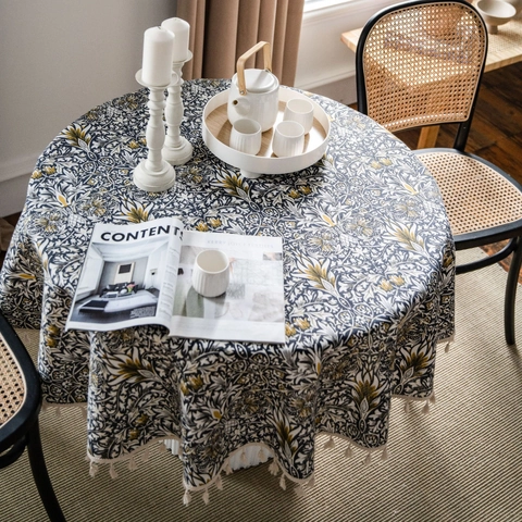 Vintage William Morris Style Round Tablecloth Cotton Linen Floral Print Table Cover With Tassel Fringe For Dining Room Home