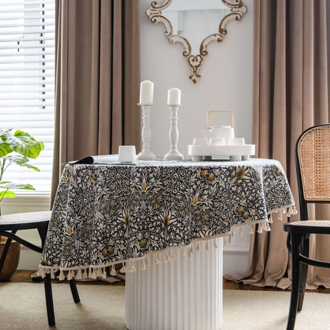 Vintage William Morris Style Round Tablecloth Cotton Linen Floral Print Table Cover With Tassel Fringe For Dining Room Home