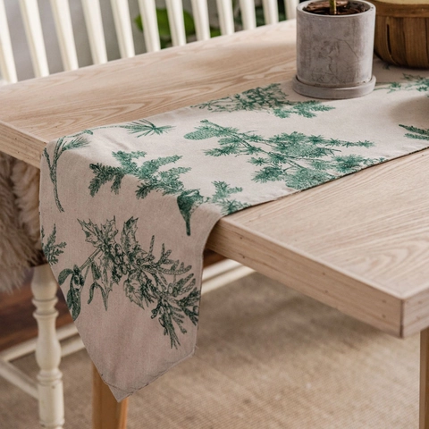 Chemin de Table en Coton et Lin Nordique Avec Impression d'Aiguilles de Pin Style Forêt Rustique Set de Table et Taie d'Oreiller Décoration Maison