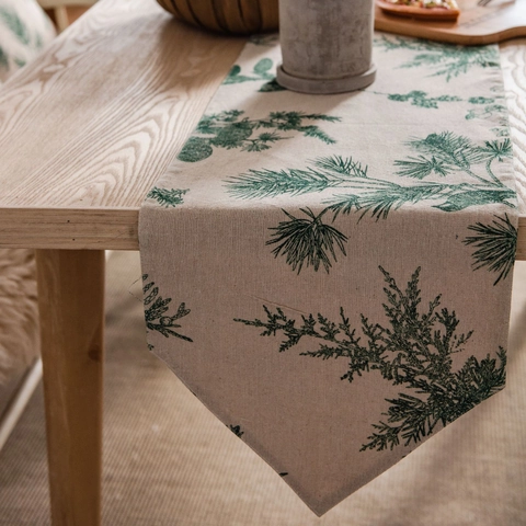 Chemin de Table en Coton et Lin Nordique Avec Impression d'Aiguilles de Pin Style Forêt Rustique Set de Table et Taie d'Oreiller Décoration Maison